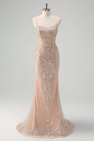 ZAPAKA Women Sparkly Champagne Prom Dress Mermaid Spaghetti Straps Corset Long Evening Dress